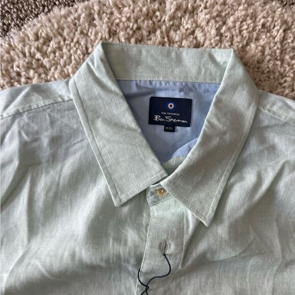 NEW Ben Sherman Mens Button Front Long Sleeve Green Linen Rayon Shirt - Picture 2 of 3